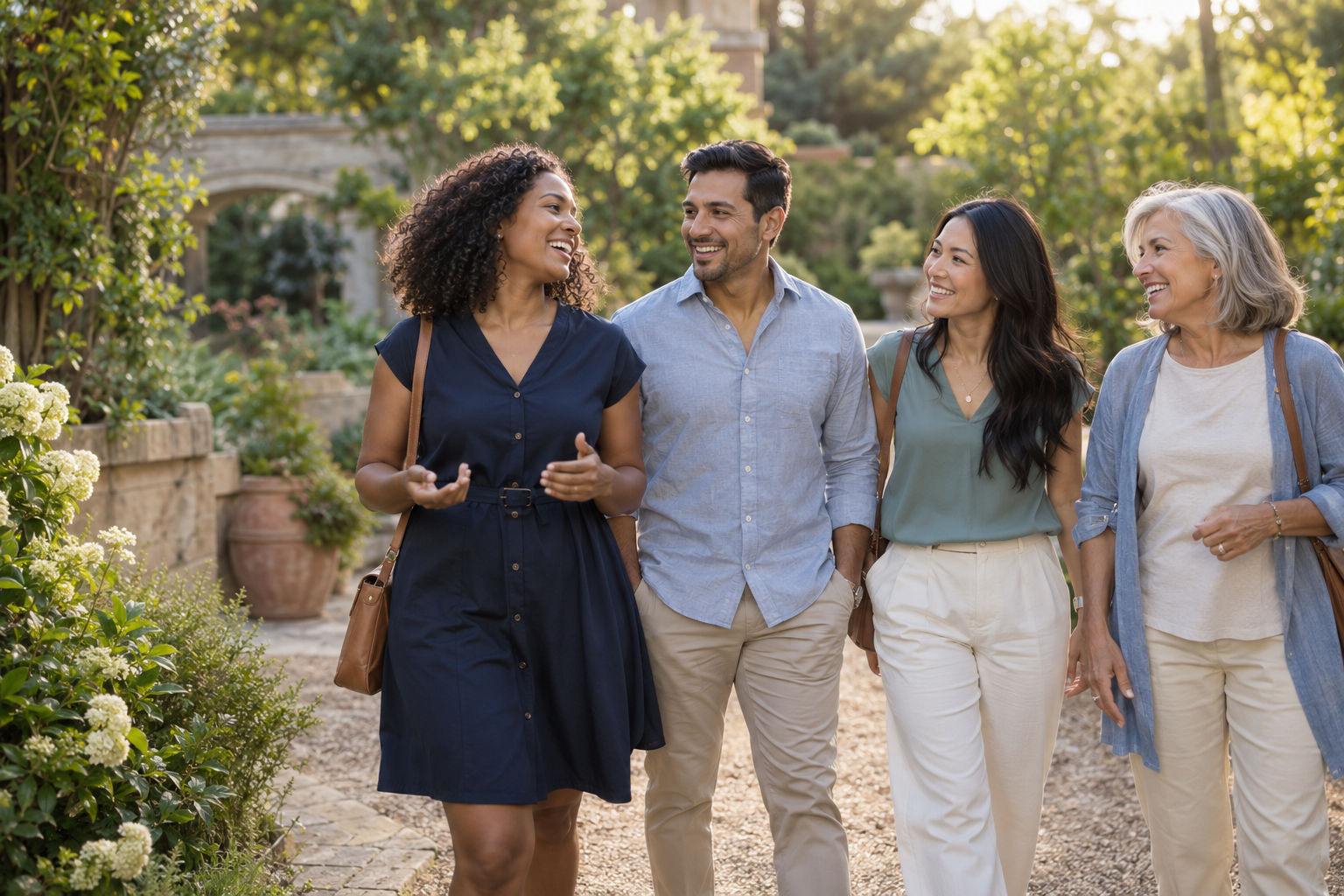 scene of smiling adults in their 30s and an older adult enjoying a walk in a sunny garden